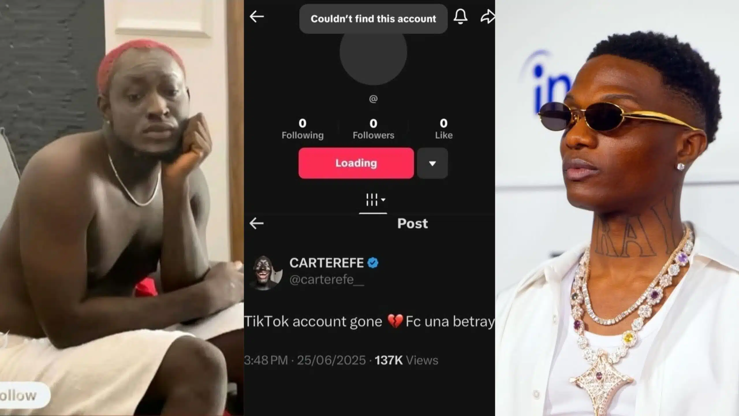 Carter Efe TikTok Account Deleted After Wizkid Insult – 3.5M Followers Gone! Carter Efe TikTok account deleted