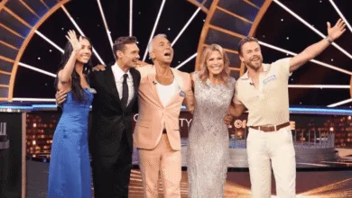 Derek Hough and Bruno Tonioli with new host Ryan Seacrest on the set of Celebrity Wheel of Fortune Season 6 premiere