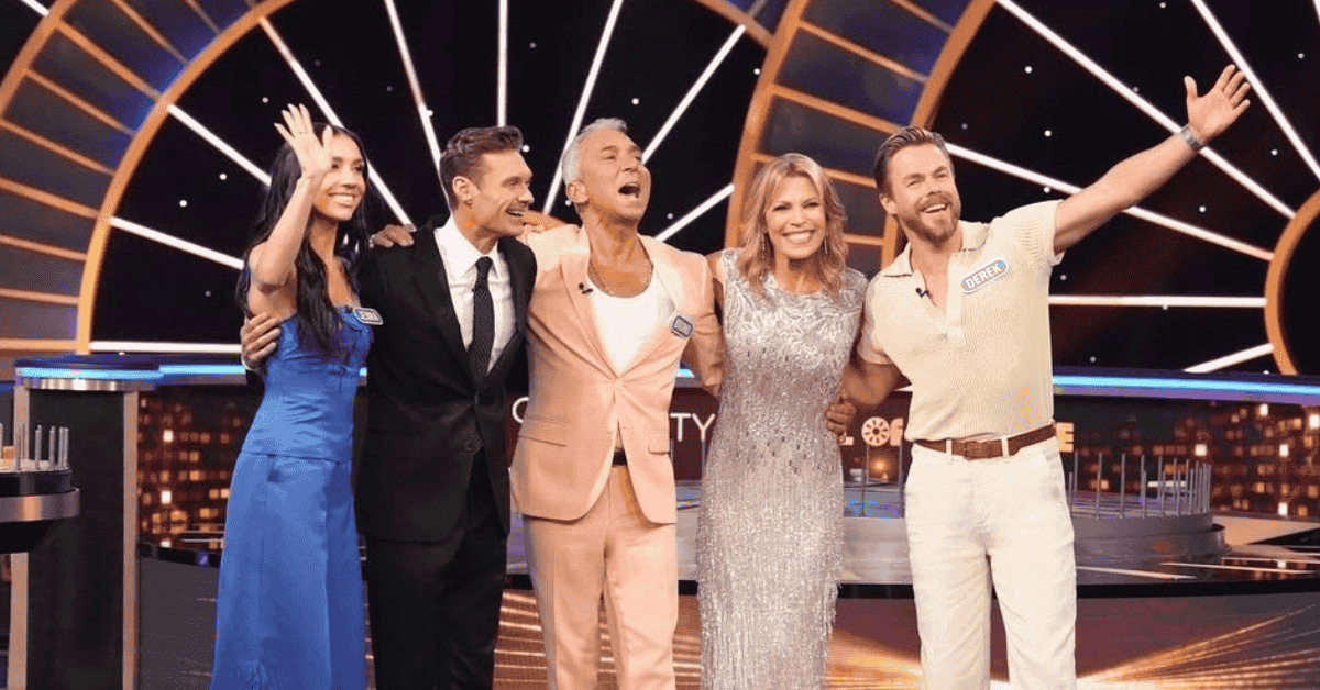 Derek Hough and Bruno Tonioli with new host Ryan Seacrest on the set of Celebrity Wheel of Fortune Season 6 premiere