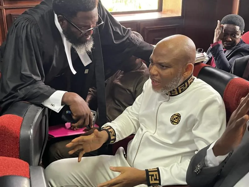 Nnamdi Kanu Biography: Age, Wife, Net Worth & Life Prison Sentence (2025) Photo of Nnamdi Kanu sitting federal high court in Abuja, Nigeria