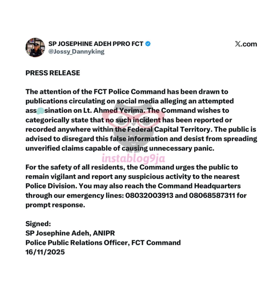 FCT Police Debunk Rumour of Assassination Attempt on Naval Officer A.M Yerima yeriam assasination
