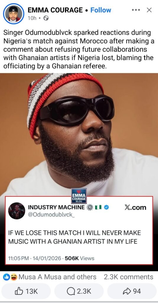 Odumodublvck Vows to Boycott Ghanaian Artists Following Nigeria’s Loss to Morocco 1768474002375